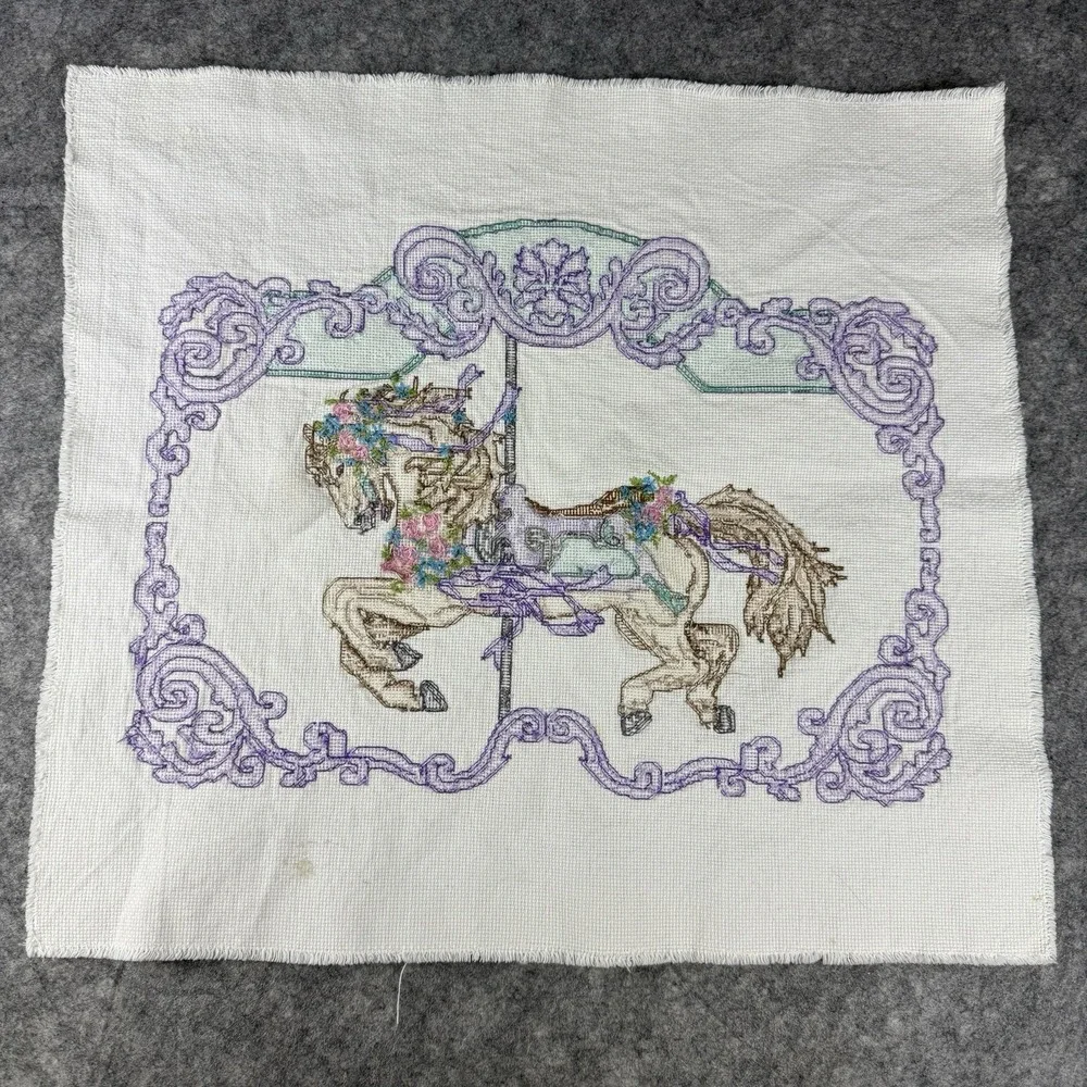 Completed Pastel Carousel Horse Vintage Cross Stitch 18x14‎ Something Special